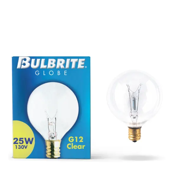 This 25W G16.5 incandescent bulb delivers warm, dimmable light perfect for exposed-bulb fixtures. The clear glass showcases the filament for vintage appeal while providing 220 lumens of ambient illumination. - alternate view