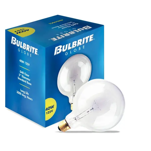 This G40 incandescent globe bulb delivers 340 lumens of warm white light (2700K) with excellent color rendering. The clear glass finish provides a soft, even glow perfect for exposed bulb fixtures and vintage-style lighting. - alternate view
