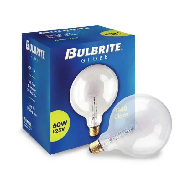 This G40 incandescent globe bulb delivers 610 lumens of warm white light (2700K) with excellent color rendering. The clear glass finish provides a soft, even glow perfect for vanity fixtures and exposed bulb applications. - alternate view
