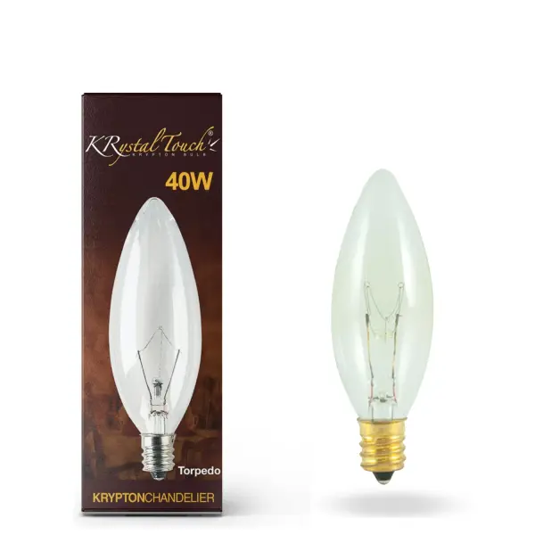 This 40W B10 torpedo bulb delivers warm, dimmable light perfect for decorative fixtures. The clear glass showcases the filament for vintage appeal while providing 370 lumens of brightness at 2700K. - alternate view