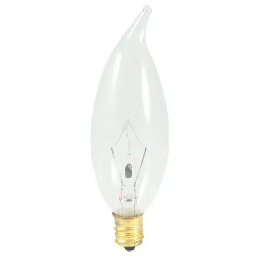This 25W CA10 incandescent bulb delivers warm, dimmable light perfect for chandeliers and decorative fixtures. The clear glass flame-tip design adds vintage elegance while providing 220 lumens of 2700K warm white illumination.