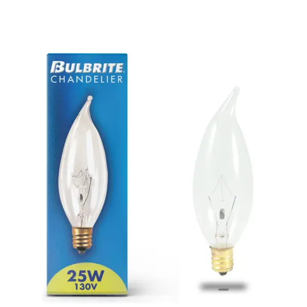 This 25W CA10 incandescent bulb delivers warm, dimmable light perfect for chandeliers and decorative fixtures. The clear glass flame-tip design adds vintage elegance while providing 220 lumens of 2700K warm white illumination. - alternate view