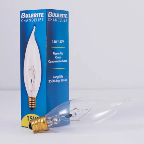 This 15W incandescent candelabra bulb delivers warm, dimmable light with a decorative flame tip design. Perfect for traditional chandeliers, wall sconces, and decorative fixtures where the bulb is visible. - alternate view