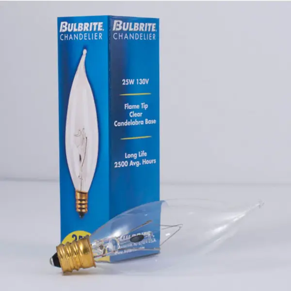 This 25W incandescent candelabra bulb delivers warm, dimmable light with a decorative flame tip design. Perfect for traditional chandeliers, wall sconces, and decorative fixtures where the bulb is visible. - alternate view