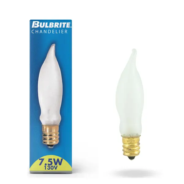 CA5 Incandescent Light Bulb with an E12 base in a Frost Finish This bulb delivers 40 Lumens of brightness while consuming 7.5 Watts of power 2700K color temperature for a Warm White Light Fully Dimmable and works with most dimmer switches N/A year Limited Warranty - alternate view