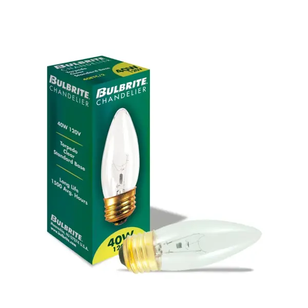 This 40W B10 torpedo bulb delivers warm, dimmable incandescent light perfect for chandeliers and decorative fixtures. The clear glass showcases the classic flame-shaped filament for vintage charm. - alternate view