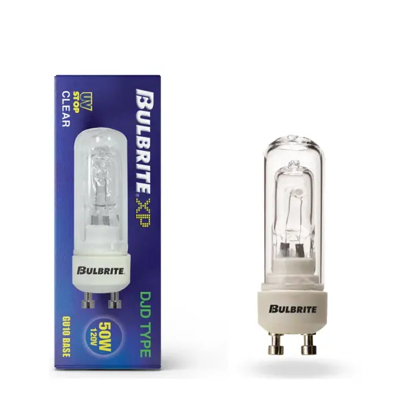This double envelope 50W halogen bulb with GU10 base delivers bright, focused light ideal for accent and task lighting. The clear glass envelope provides excellent light output for track fixtures and recessed cans. - alternate view