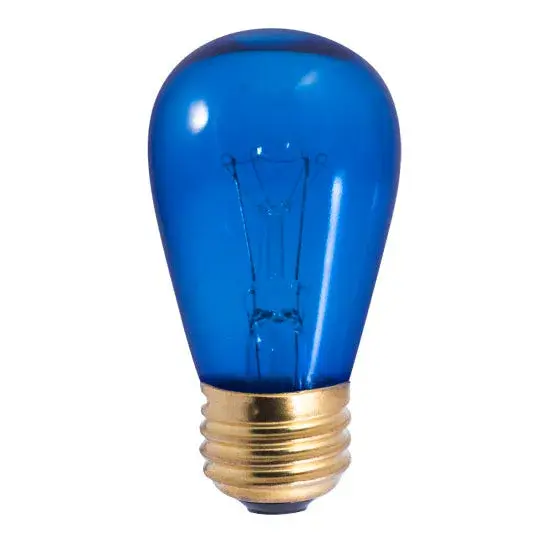 This S14 incandescent bulb features a transparent blue finish ideal for outdoor signage, string lights, and decorative applications. Fully dimmable with standard E26 base for easy installation.