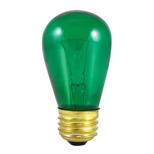 This S14 incandescent bulb features a transparent green finish ideal for sign lighting, string lights, and decorative outdoor applications. Fully dimmable with standard E26 base for easy installation.