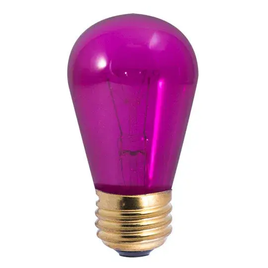 This 11W S14 incandescent bulb delivers eye-catching transparent purple illumination perfect for sign lighting, string lights, and decorative applications. Fully dimmable with standard E26 base compatibility.
