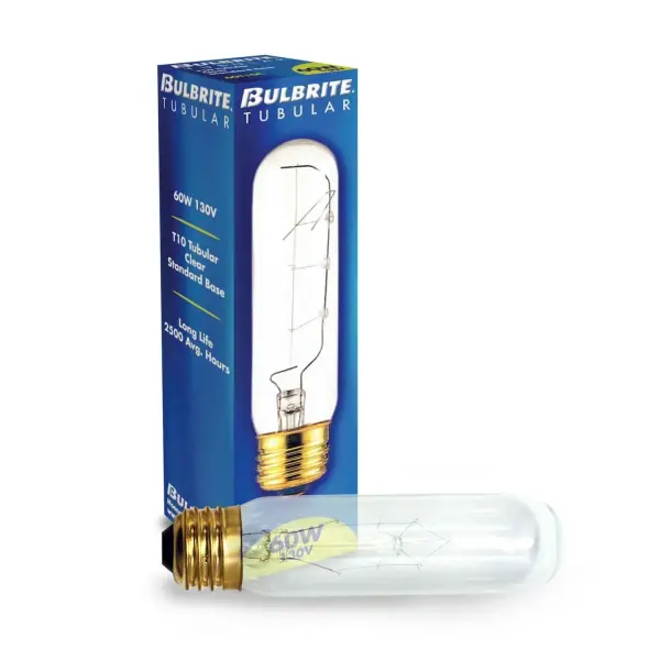 This 60W T10 tubular incandescent bulb delivers warm white light ideal for showcase, aquarium, and decorative fixtures. Fully dimmable with clear glass for unobstructed light output. - alternate view
