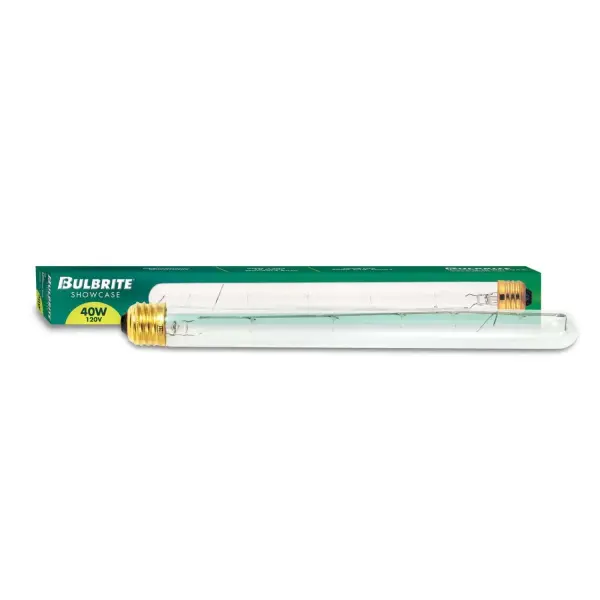 This 40W T8 tubular incandescent bulb delivers warm white light at 2700K with full dimming capability. The clear glass design makes it ideal for exposed fixtures, vanity lights, and decorative applications. - alternate view