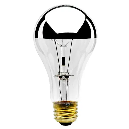 This 100W A21 incandescent bulb features a distinctive half-mirror finish that reduces glare while adding visual interest to exposed fixtures. Fully dimmable with warm 2700K light, perfect for decorative applications.