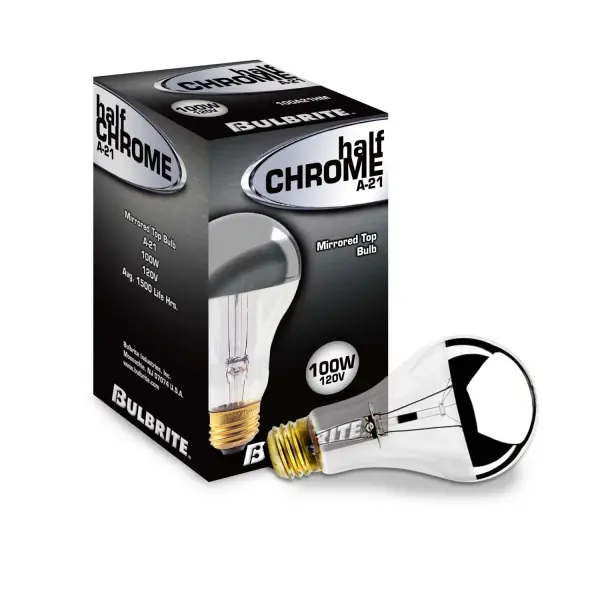This 100W A21 incandescent bulb features a distinctive half-mirror finish that reduces glare while adding visual interest to exposed fixtures. Fully dimmable with warm 2700K light, perfect for decorative applications. - alternate view