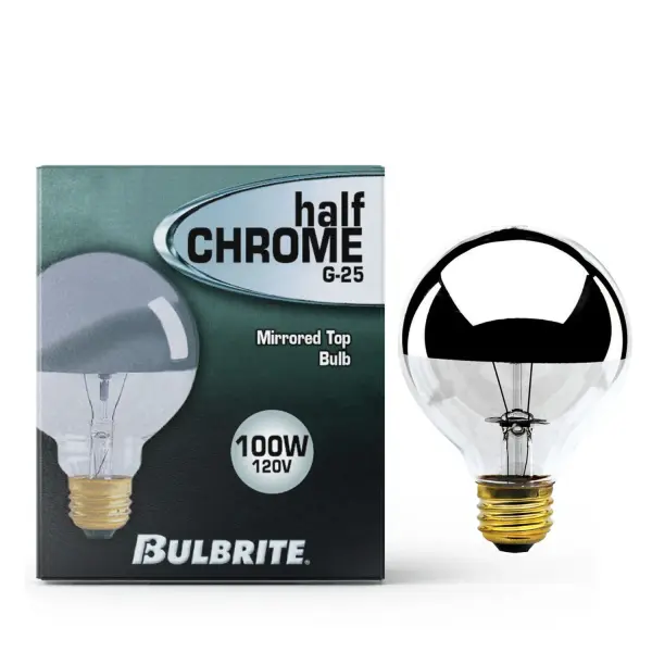 This G25 half mirror bulb combines vintage aesthetics with modern performance, delivering 900 lumens of warm white light while reducing glare. The half chrome finish creates a sophisticated look perfect for exposed bulb fixtures. - alternate view