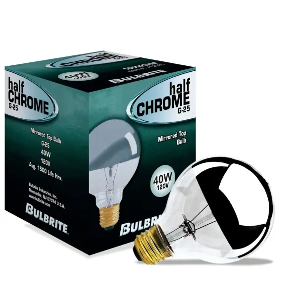 This G25 globe bulb combines decorative appeal with functional lighting. The half chrome mirror finish creates a sophisticated look while reducing glare, making it perfect for exposed bulb fixtures in bathrooms and living spaces. - alternate view