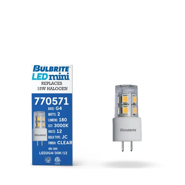 This compact LED bulb delivers 180 lumens of warm 3000K light while using just 2W of power, replacing traditional 15W incandescent bulbs. With a 15,000-hour lifespan and G4 bi-pin base, it's an ideal retrofit for existing fixtures. - alternate view