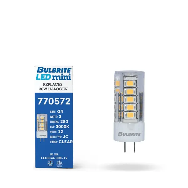 This compact G4 LED bulb delivers warm 3000K light while using just 3W of power—equivalent to a 25W incandescent. With 280 lumens output and a clear finish for even illumination, it's ideal for accent lighting and small fixtures. - alternate view
