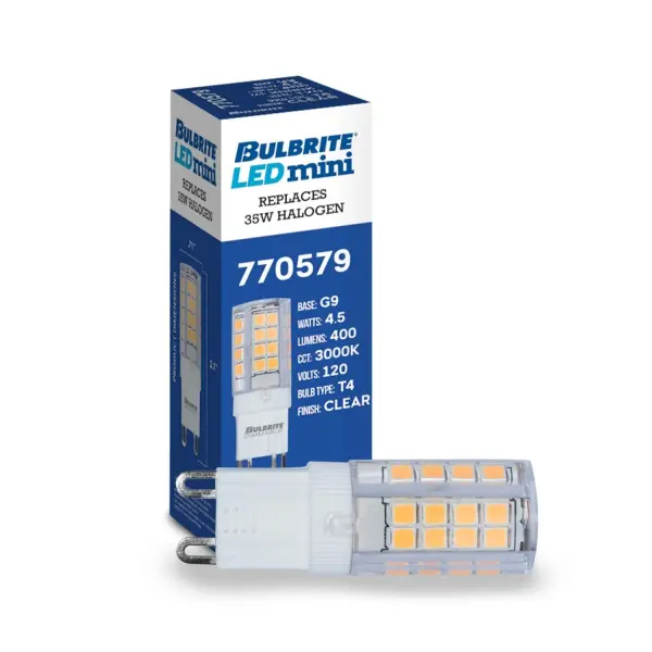 This compact LED T6 bulb delivers 400 lumens of warm 3000K light while using just 4.5W of power. The clear finish provides even illumination with reduced glare, and the G9 bi-pin base ensures easy retrofit compatibility. - alternate view
