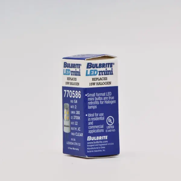 This compact 2W LED G4 bulb delivers warm 2700K light while replacing traditional halogen and xenon lamps. Features higher lumens in a smaller profile with 12V operation and 5-year warranty coverage. - alternate view