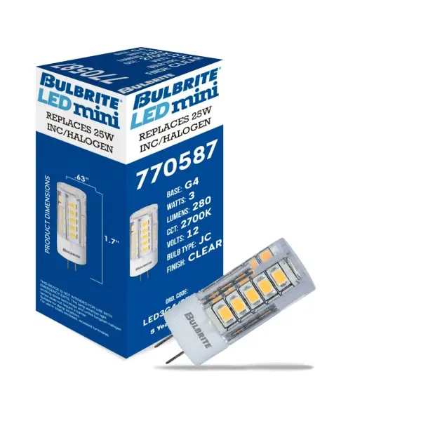 This compact 3W LED G4 bulb delivers warm 2700K light while replacing traditional halogen and xenon lamps. Features higher lumens in a smaller profile with 12V low-voltage operation and 5-year warranty coverage. - alternate view