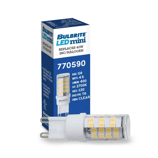 This compact 4.5W LED G9 bulb delivers warm 2700K light while replacing traditional halogen and xenon lamps. Features dimmable operation, higher lumens in a smaller profile, and a 5-year warranty for reliable performance. - alternate view