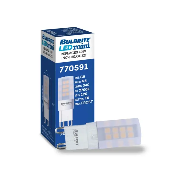 This compact 4.5W LED G9 bulb delivers warm 2700K light while replacing traditional halogen and xenon lamps. Features dimmable capability, frosted finish for soft illumination, and a 5-year warranty for long-lasting performance. - alternate view