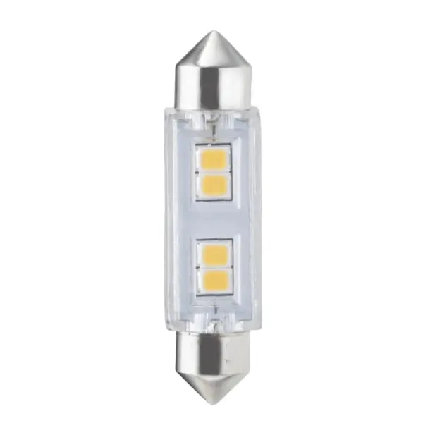 Energy-efficient 0.8W LED festoon bulb delivers warm 3000K light in a compact profile. True retrofit replacement for halogen and xenon lamps with ELV dimming compatibility and 5-year warranty.