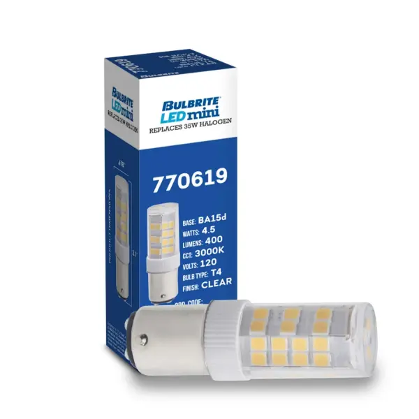 This LED T5 mini bulb delivers 400 lumens of soft white light while using just 4.5W of power, replacing traditional 40W incandescent bulbs. The clear finish provides even illumination with reduced glare, perfect for residential and commercial applications. - alternate view