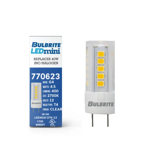 This 4.5W LED G4 mini bulb delivers warm 2700K light while replacing traditional halogen and xenon lamps. Perfect for accent lighting, under-cabinet fixtures, and decorative applications with 5-year warranty coverage. - alternate view
