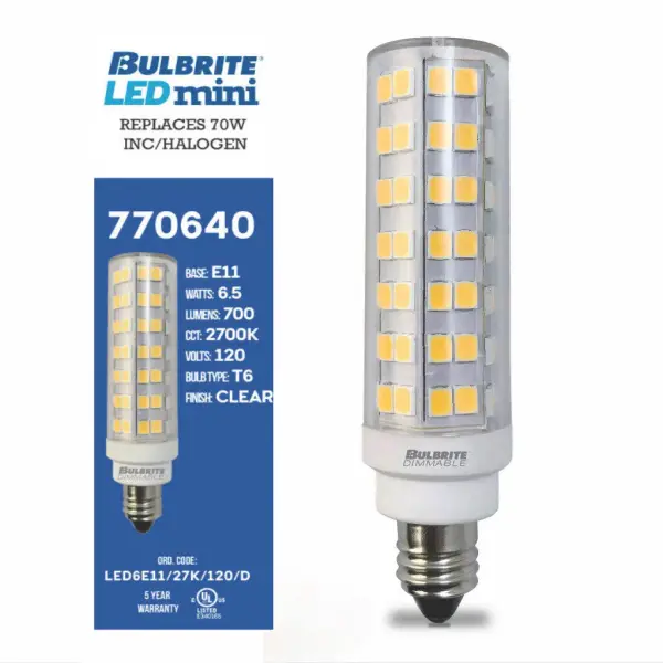 This 6.5W LED mini bulb delivers warm 2700K light while replacing outdated high-wattage bulbs. Perfect for chandeliers, ceiling fans, and sconces with E11 sockets. Fully dimmable and compatible with all dimmer types. - alternate view