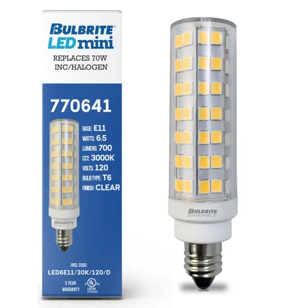 This LED T6 bulb delivers 700 lumens of warm 3000K light while using just 6.5W, replacing traditional 70W incandescent bulbs. With a clear finish, E11 mini-candelabra base, and full dimming compatibility, it's ideal for decorative fixtures. - alternate view