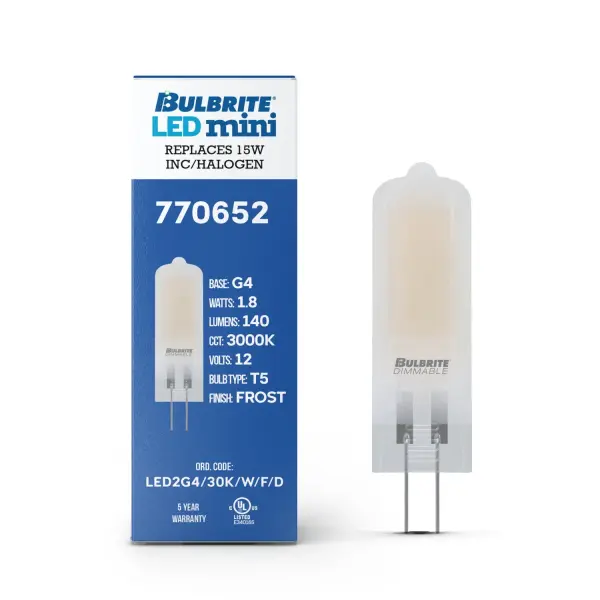 This 1.8W LED G4 wafer bulb delivers warm 3000K light while replacing traditional halogen and xenon lamps. The frosted glass reduces glare, making it ideal for visible bulb applications in both residential and commercial settings. - alternate view