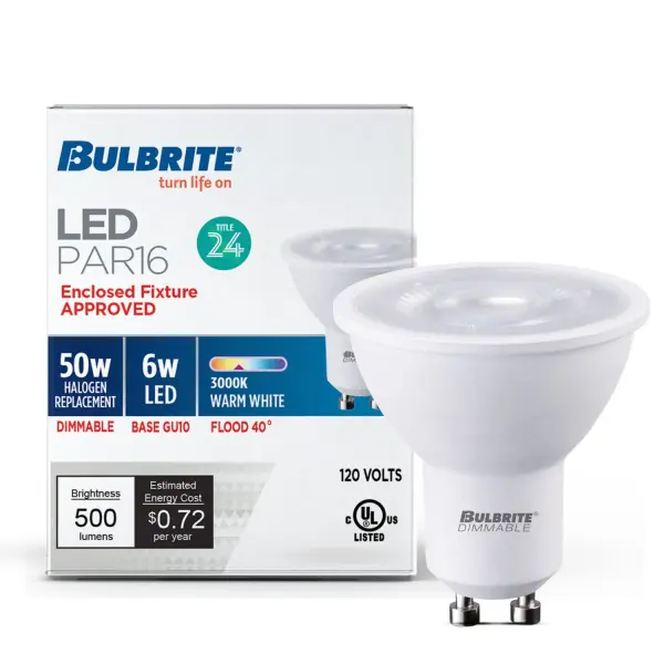 This 6W LED PAR16 bulb delivers 500 lumens of warm 3000K light while using 88% less energy than traditional 50W incandescent bulbs. Features excellent 90 CRI color rendering, full dimmability, and an impressive 25,000-hour lifespan. - alternate view