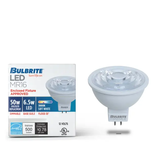 This 6.5W MR16 LED bulb delivers warm 3000K light with full dimming compatibility and enclosed fixture rating. Perfect for track lighting, recessed cans, and accent applications with energy-efficient performance. - alternate view