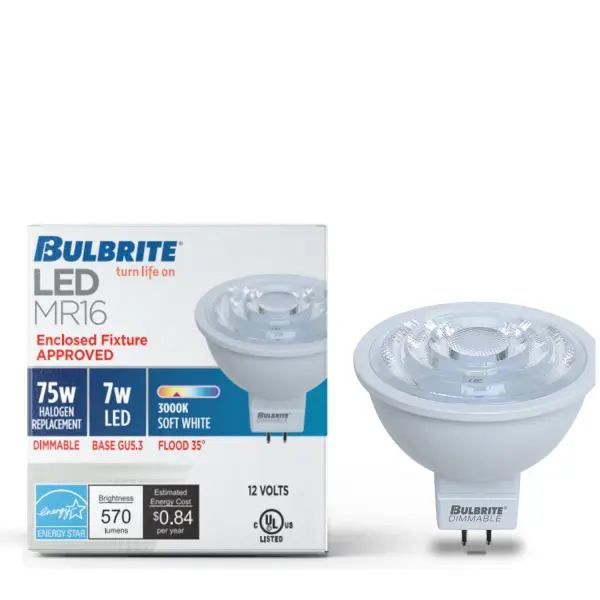 This 7W MR16 LED bulb delivers warm 3000K light with full dimming compatibility and enclosed fixture rating. Perfect for track lighting, recessed cans, and accent applications with energy-efficient performance. - alternate view