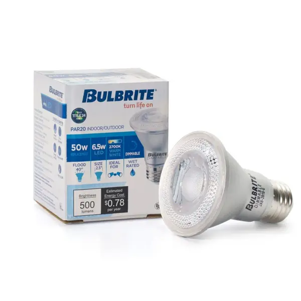 This 6.5W LED PAR20 delivers 500 lumens of warm 2700K light while using 87% less energy than traditional 50W halogens. Features smooth dimming performance, 90+ CRI for excellent color rendering, and wet location rating for versatile indoor/outdoor use. - alternate view