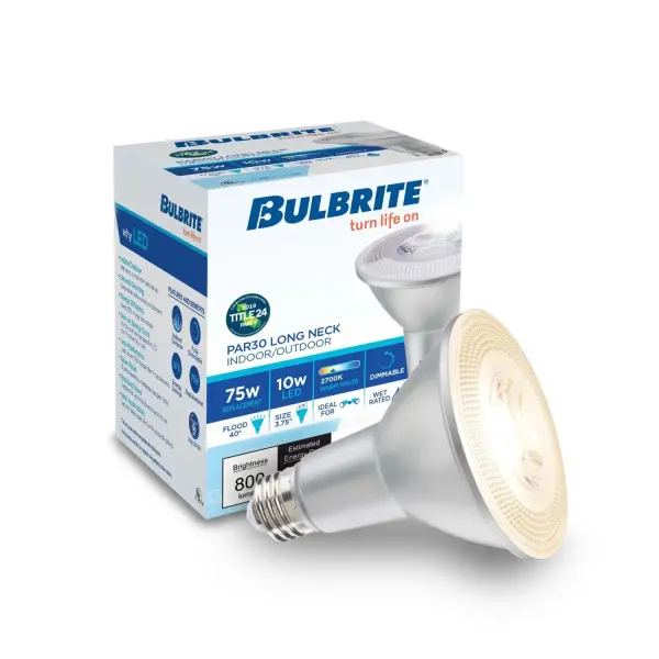 This 10W PAR30 Long Neck LED bulb delivers 800 lumens of warm white light while using 85% less energy than traditional 75W incandescent bulbs. Features smooth dimming capability, wet location rating, and an impressive 25,000-hour lifespan. - alternate view