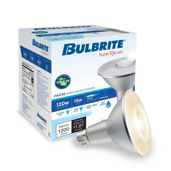 This 15W LED PAR38 bulb delivers 1200 lumens of warm white light while using 87% less energy than traditional 120W incandescent bulbs. Features smooth dimming capability, wet location rating, and an impressive 25,000-hour lifespan. - alternate view