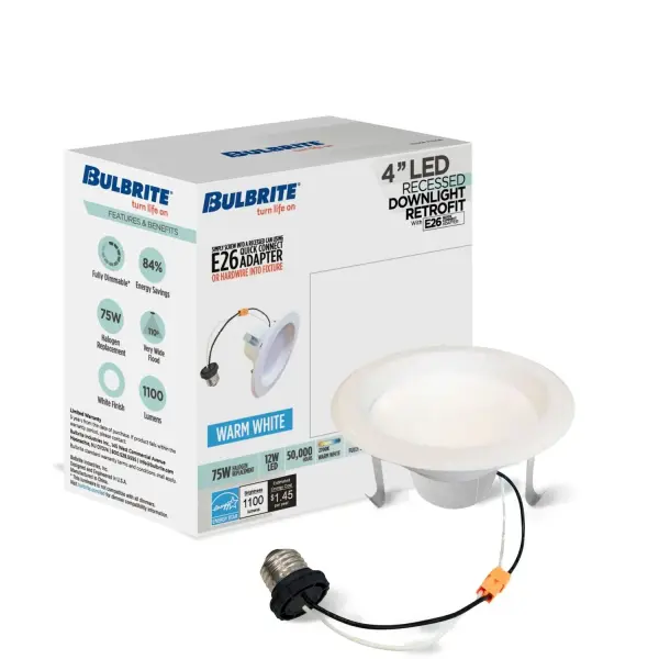 This 4-inch LED recessed downlight offers exceptional energy efficiency with 12W power consumption and 50,000-hour lifespan. Features E26 Quick-Connect for easy installation in existing cans or hardwiring. Fully dimmable with smooth white finish. - alternate view