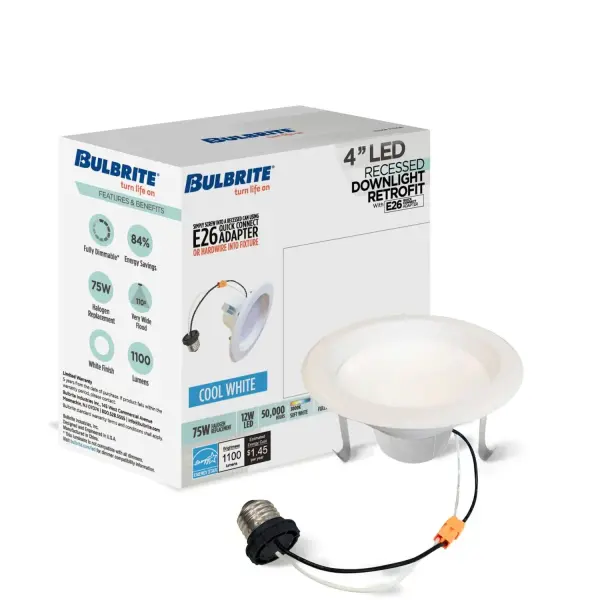 This 4-inch LED recessed downlight offers exceptional energy efficiency with high lumen output and 50,000-hour lifespan. Features versatile E26 Quick-Connect adapter for hardwiring or screw-in installation, full dimmability, and Energy Star certification. - alternate view