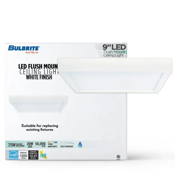 This compact 9-inch square flush mount delivers efficient 20W LED illumination with warm 2700K color temperature. JA8 compliant and dimmable, it's ideal for low-ceiling spaces requiring reliable, energy-conscious lighting. - alternate view