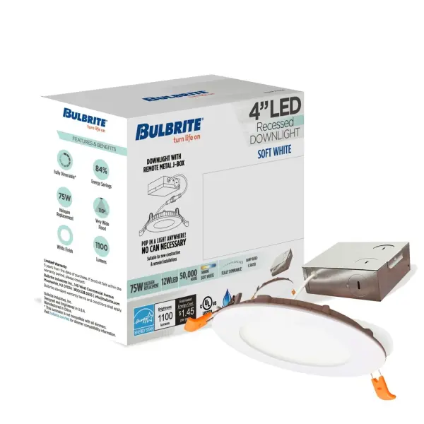 This 4-inch LED recessed downlight solves installation challenges with its remote metal junction box, allowing placement near beams or obstructions. Fully dimmable with 50,000-hour lifespan and Title 24 JA8 compliance. - alternate view