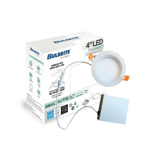 This 4-inch LED recessed downlight solves installation challenges with its remote metal junction box, perfect for ceilings with beams or obstructions. Fully dimmable with 90 CRI and 3000K warm white light, it delivers 50,000 hours of energy-efficient performance while meeting Title 24 JA8 standards. - alternate view