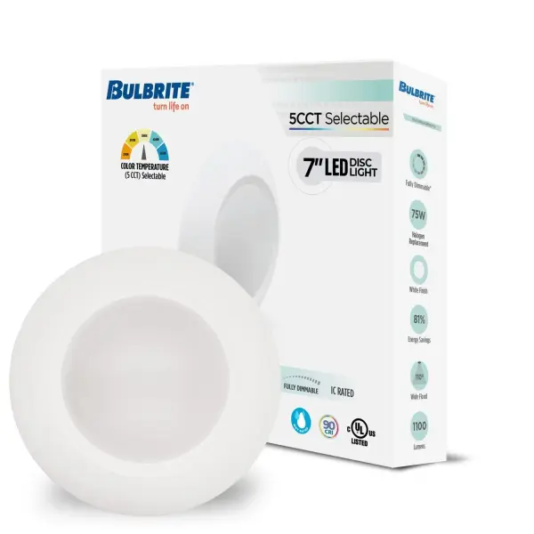 This 7-inch LED disc light delivers 1100 lumens while using only 14 watts, replacing traditional 75W incandescent fixtures. Features 5 selectable color temperatures from warm to daylight, aluminum construction, and Title 24 JA8 compliance. - alternate view