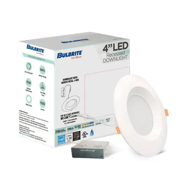 This 4-inch LED recessed downlight offers exceptional installation flexibility with its remote metal junction box, making it ideal for ceilings with beams or obstructions. Features 5-color temperature selection, high lumen output, and 50,000-hour lifespan. - alternate view
