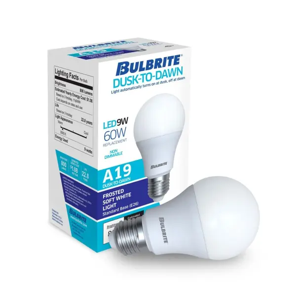 This 9W LED bulb automatically turns on at dusk and off at dawn, providing hands-free security lighting for homes and businesses. Features proprietary technology to reduce false triggering and fits any standard A19 fixture. - alternate view