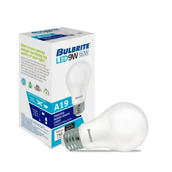This A19 LED bulb delivers 750 lumens of warm white light while using just 8.5W, replacing traditional 60W incandescent bulbs. The frosted finish provides soft, even lighting without harsh glare, perfect for everyday use. - alternate view