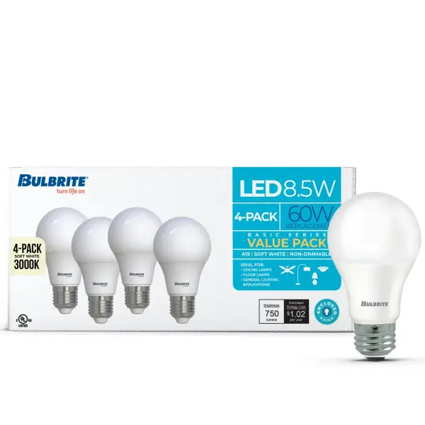 This 8.5W LED A19 bulb delivers 750 lumens of warm, soft white light while using 86% less energy than traditional 60W incandescent bulbs. The frosted finish provides even, glare-free illumination perfect for everyday use. - alternate view