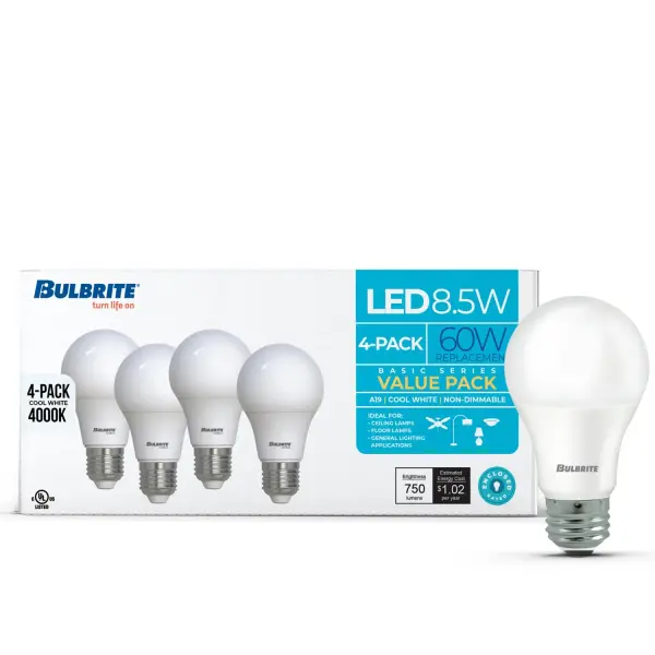 This 8.5W LED A19 bulb delivers bright, crisp 4000K cool white light ideal for workspaces and utility areas. With 750 lumens output and a 10,000-hour lifespan, it offers reliable, energy-efficient illumination at 60W equivalent brightness. - alternate view